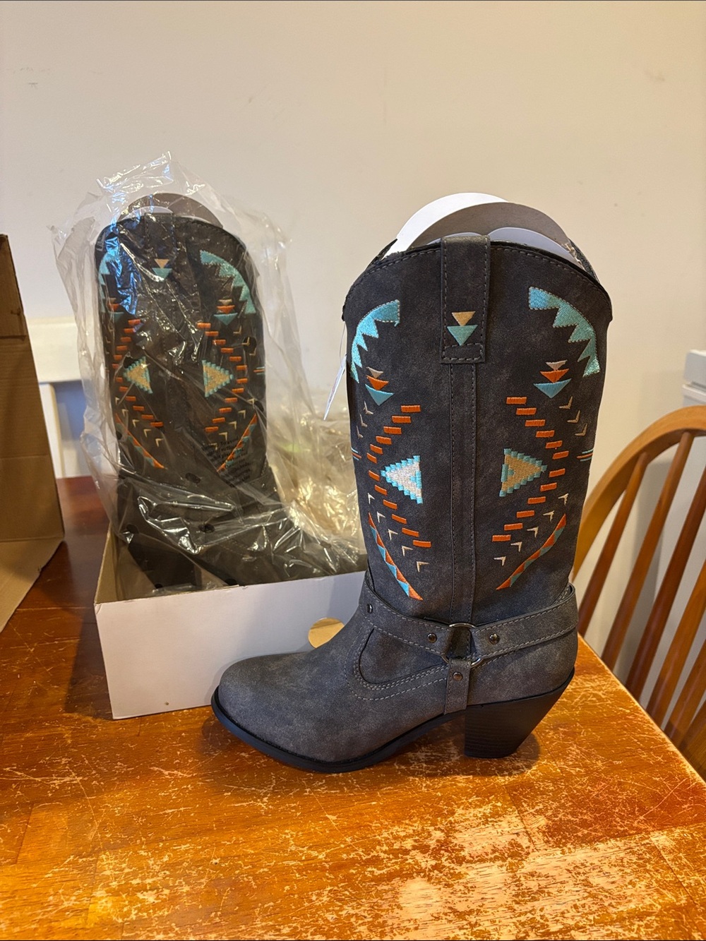 Gray Suede Western Boots with Turquoise & Orange Embroidery